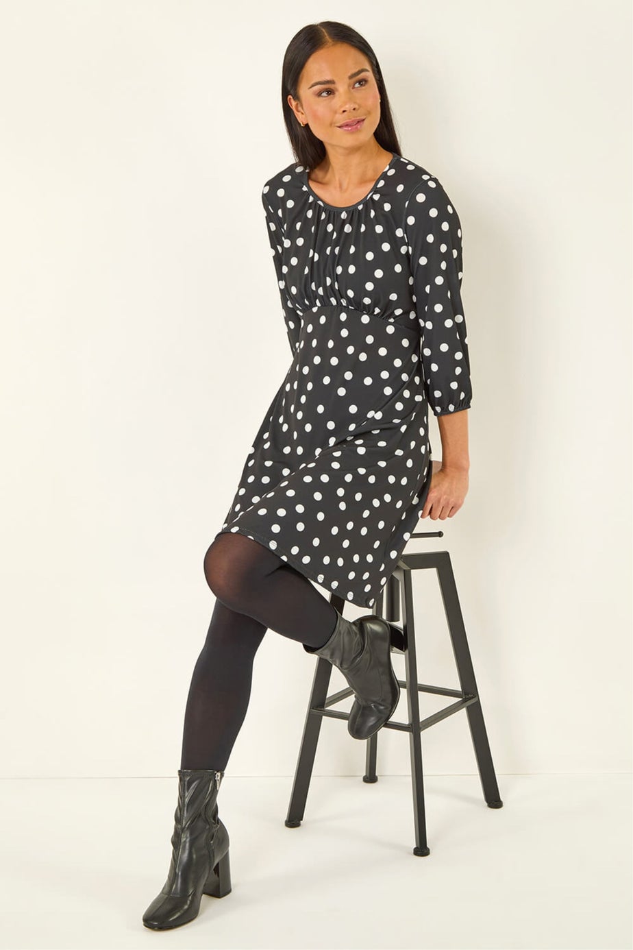 Roman Black Petite Polka Dot Gathered Stretch Dress