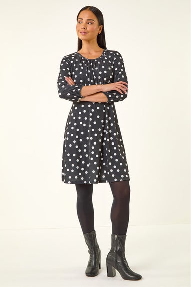 Roman Black Petite Polka Dot Gathered Stretch Dress