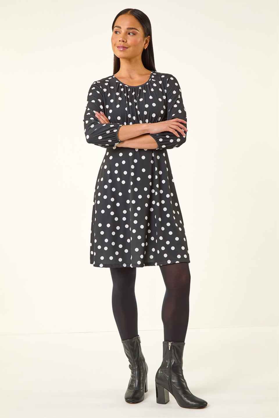 Roman Black Petite Polka Dot Gathered Stretch Dress