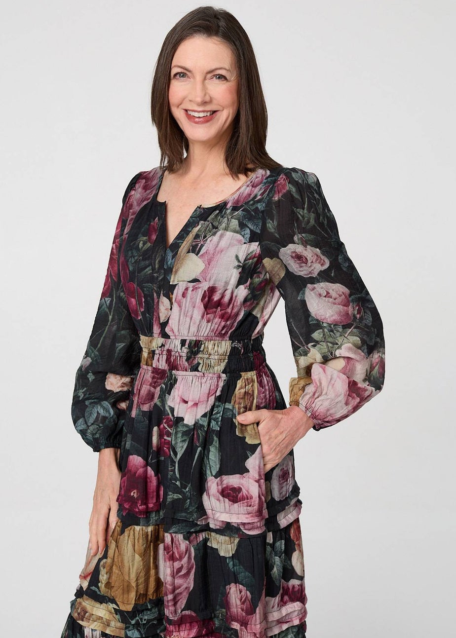 Izabel London Black Floral Tiered Long Sleeve Maxi Dress