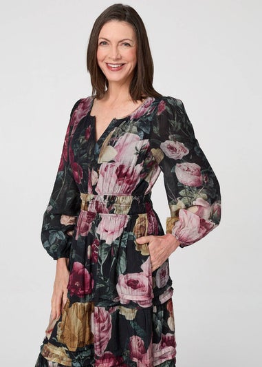 Izabel London Black Floral Tiered Long Sleeve Maxi Dress
