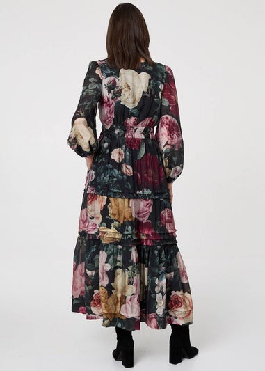 Izabel London Black Floral Tiered Long Sleeve Maxi Dress