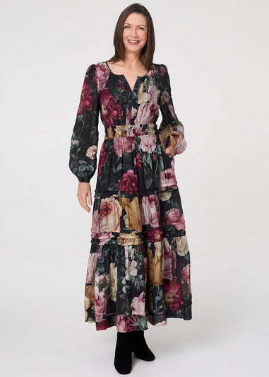 Izabel London Black Floral Tiered Long Sleeve Maxi Dress