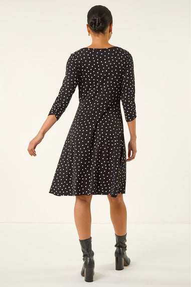 Roman Black Petite Polka Dot Lace Trim Dress