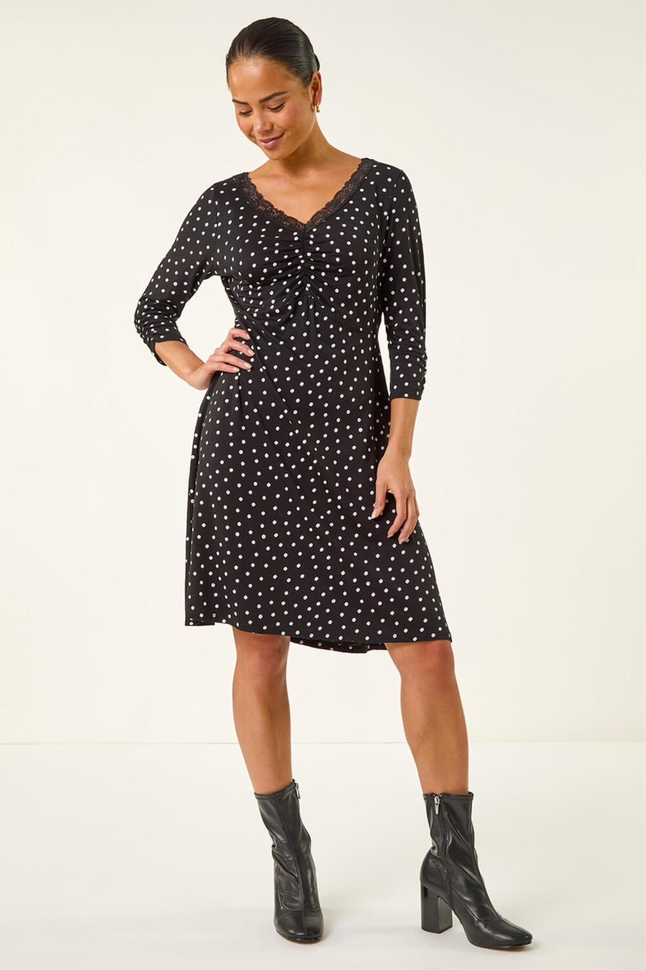 Roman Black Petite Polka Dot Lace Trim Dress