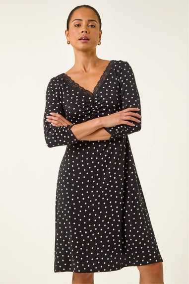 Roman Black Petite Polka Dot Lace Trim Dress