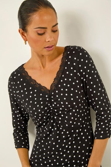 Roman Black Petite Polka Dot Lace Trim Dress