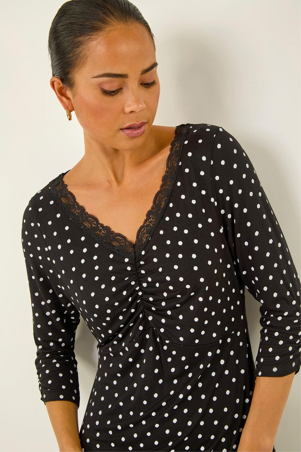 Roman Black Petite Polka Dot Lace Trim Dress