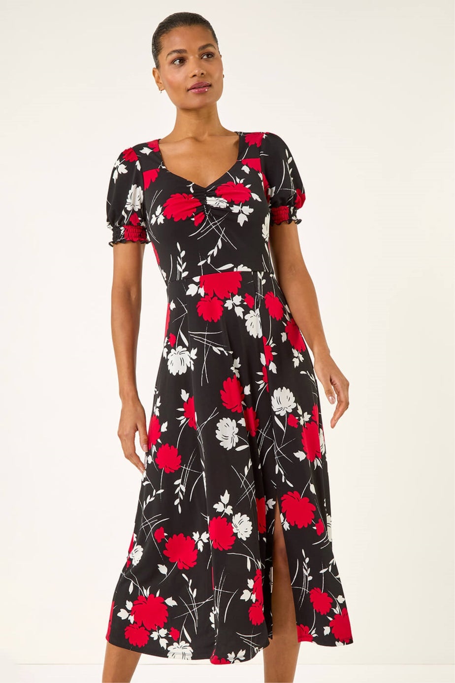 Roman Red Floral Print Ruched Midi Dress