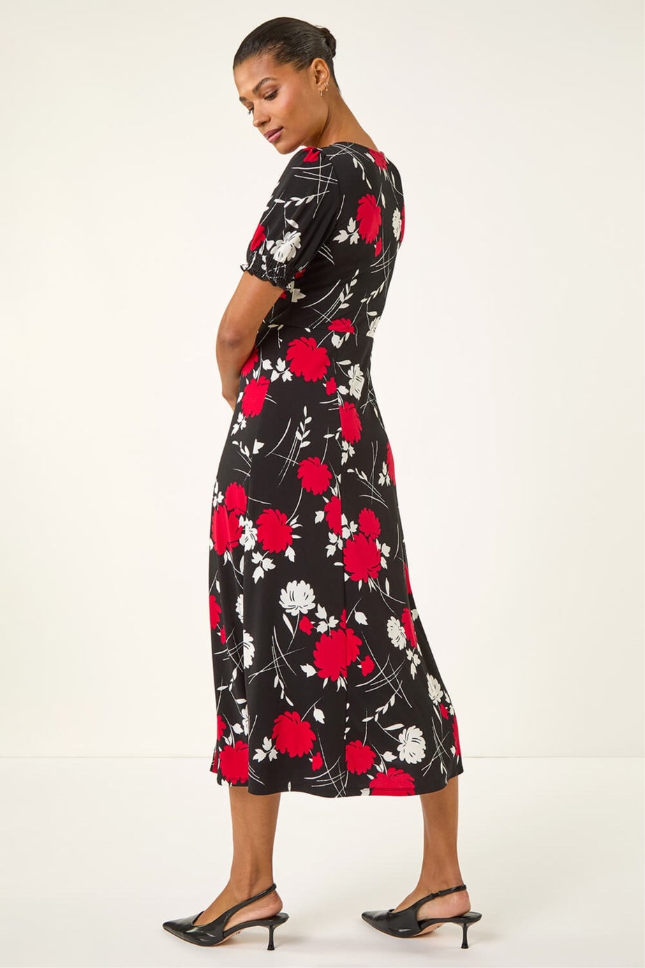 Roman Red Floral Print Ruched Midi Dress