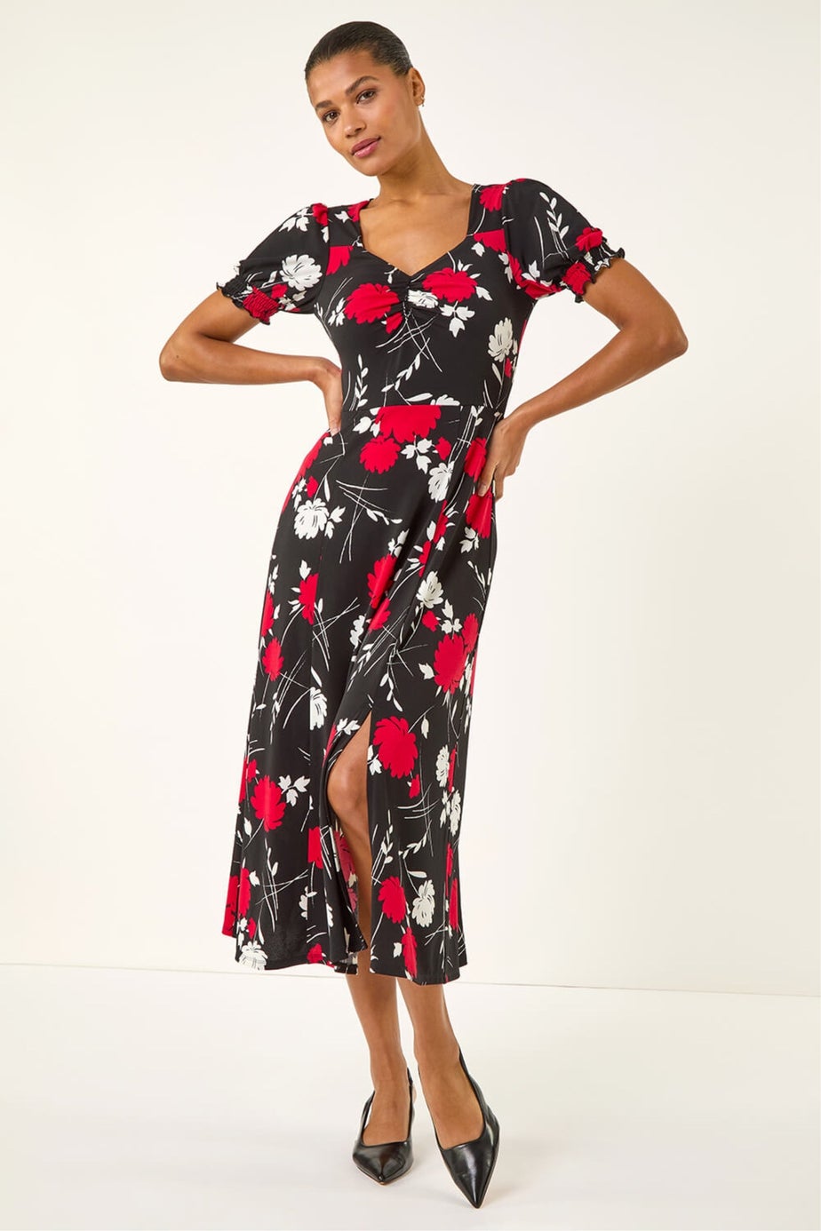 Roman Red Floral Print Ruched Midi Dress