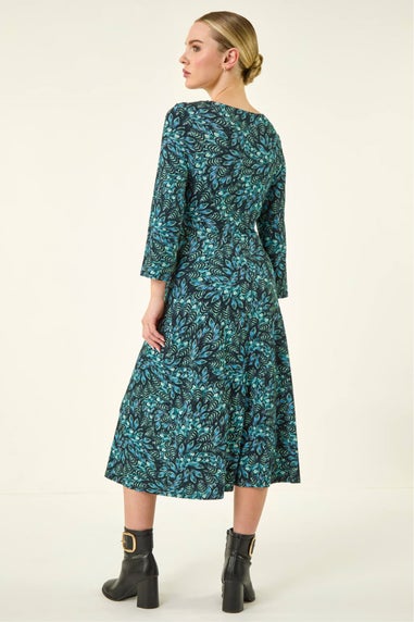 Roman Black Abstract Print Twist Front Midi Dress