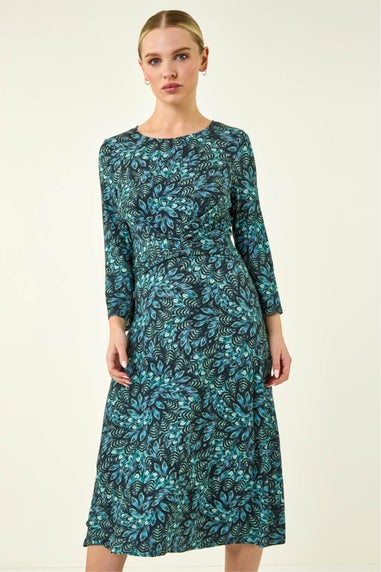 Roman Black Abstract Print Twist Front Midi Dress