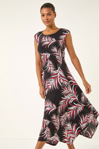 Roman Black Leaf Print Stretch Maxi Dress