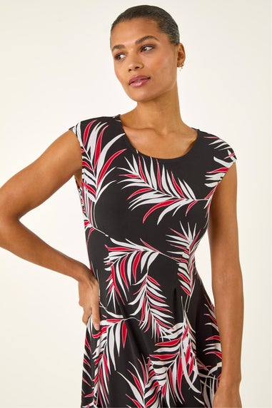 Roman Black Leaf Print Stretch Maxi Dress