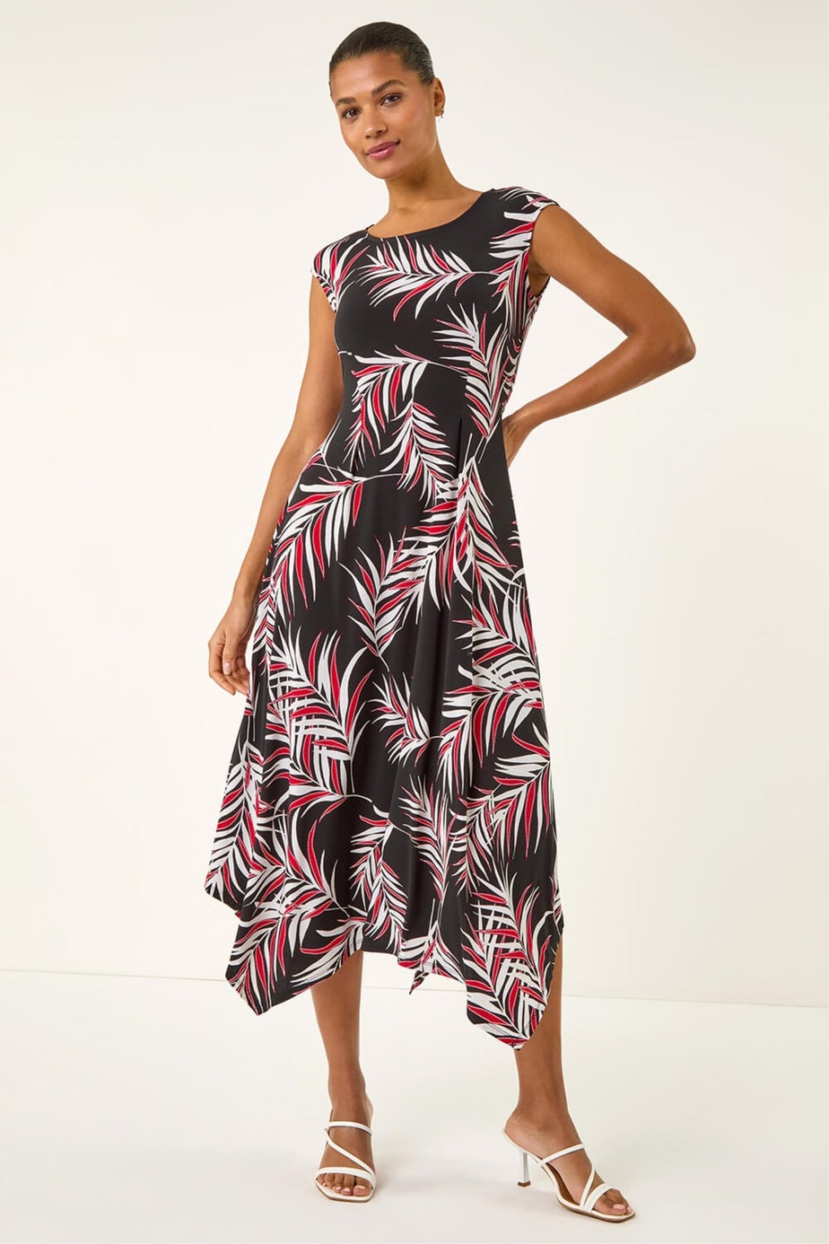 Roman Black Leaf Print Stretch Maxi Dress