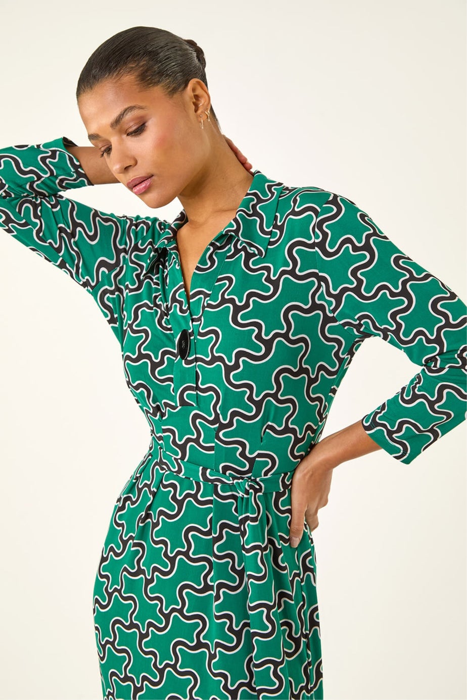 Roman Green Abstract Buttoned Shirt Dress
