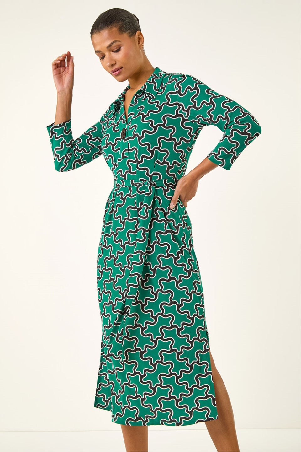 Roman Green Abstract Buttoned Shirt Dress