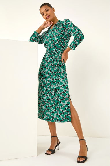Roman Green Abstract Buttoned Shirt Dress