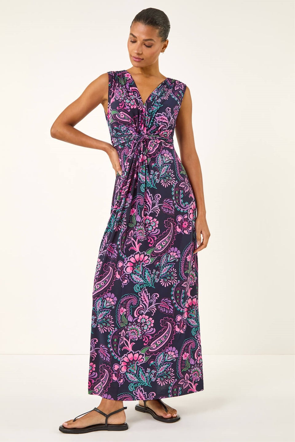 Roman Pink Paisley Twist Front Maxi Dress