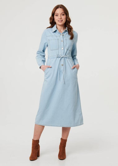 Izabel London Blue Denim Tie Waist Long Sleeve Midi Dress