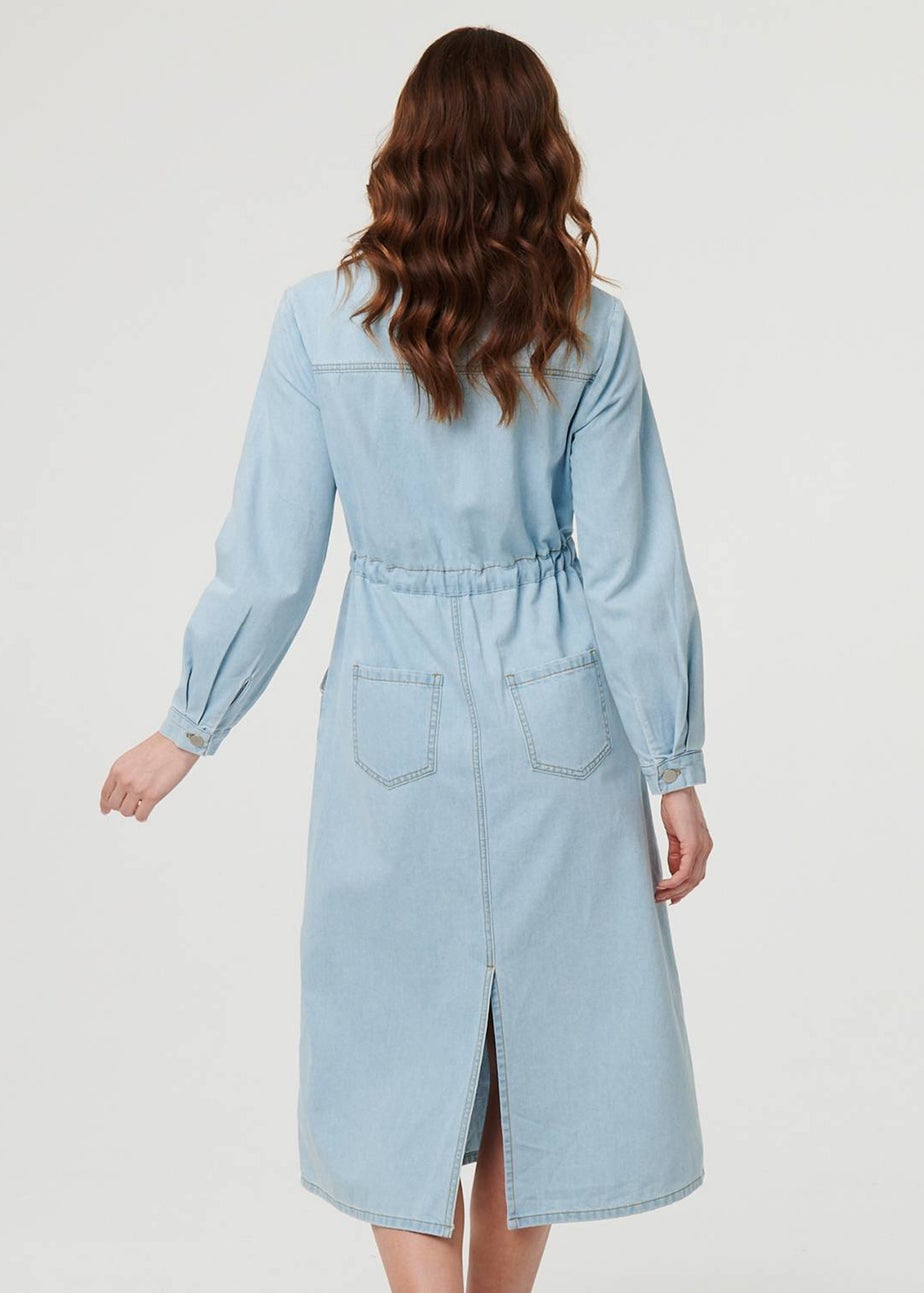 Izabel London Blue Denim Tie Waist Long Sleeve Midi Dress