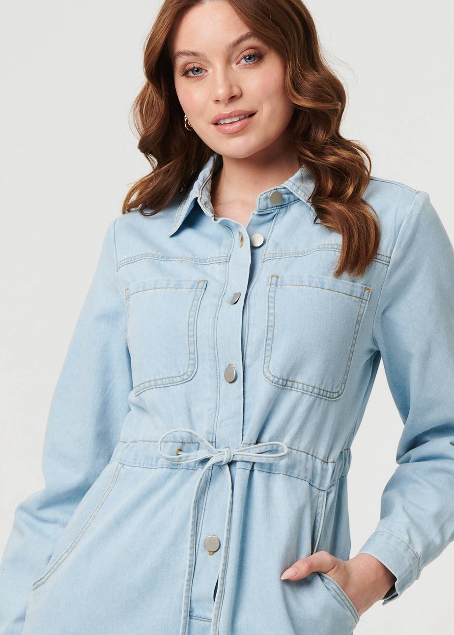 Izabel London Blue Denim Tie Waist Long Sleeve Midi Dress