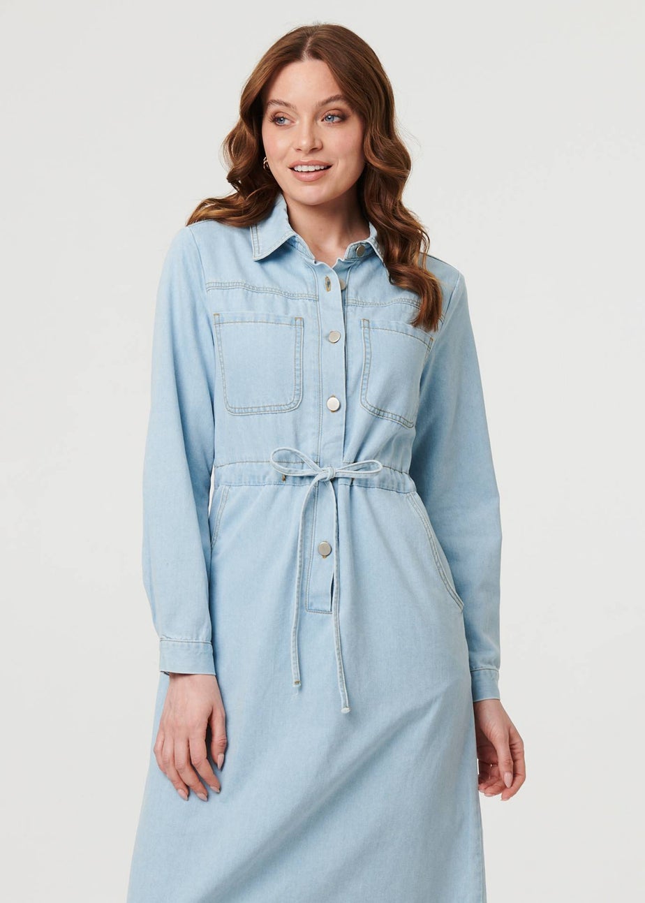 Izabel London Blue Denim Tie Waist Long Sleeve Midi Dress