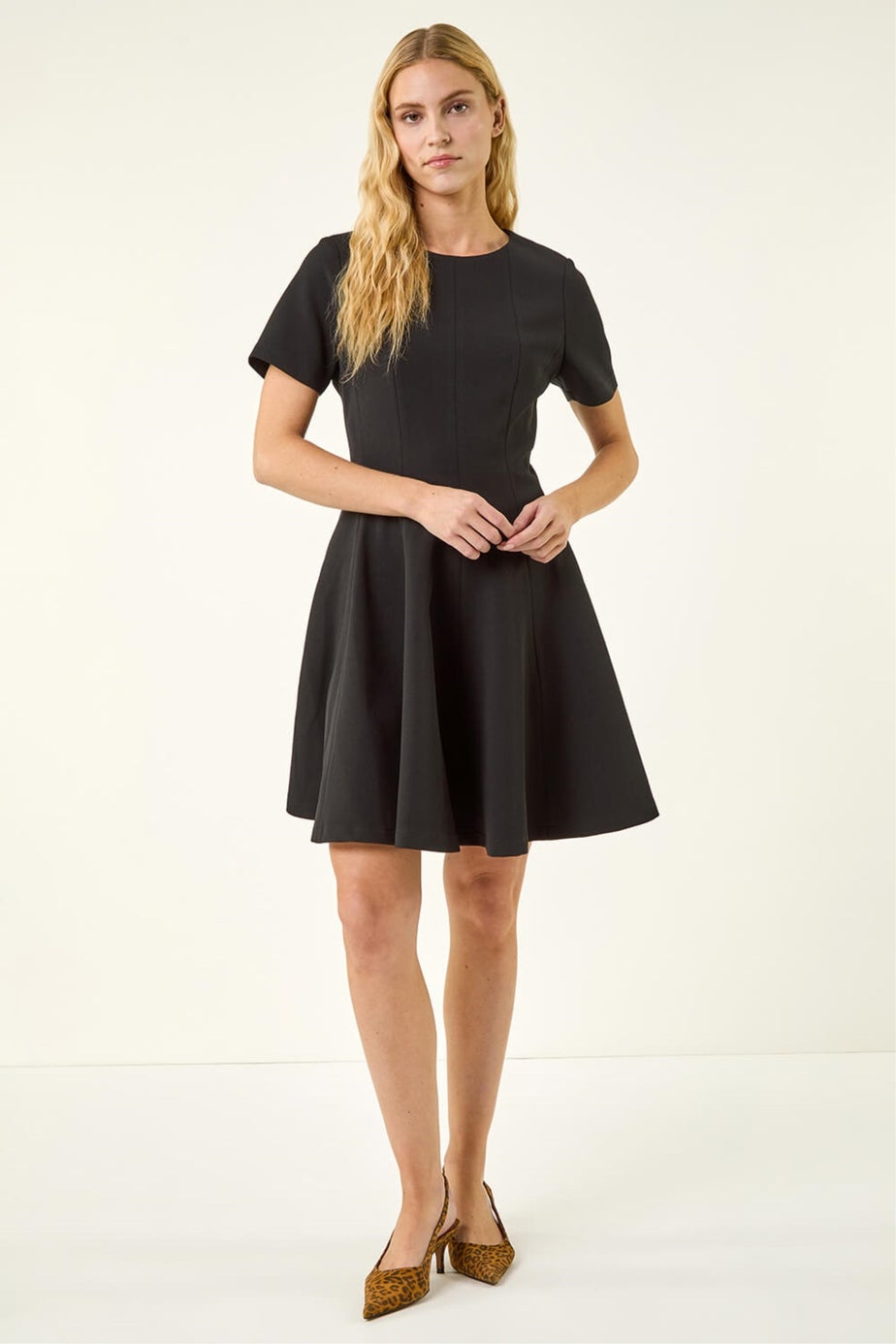 Roman Black Panel Flared Stretch Dress