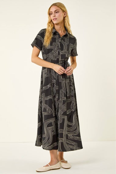 Roman Black Geo Linear Print Shirt Midi Dress