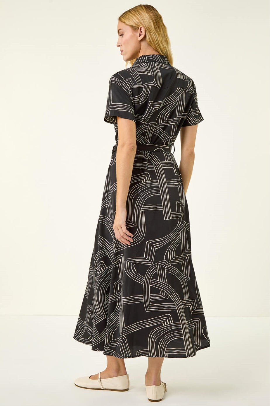 Roman Black Geo Linear Print Shirt Midi Dress