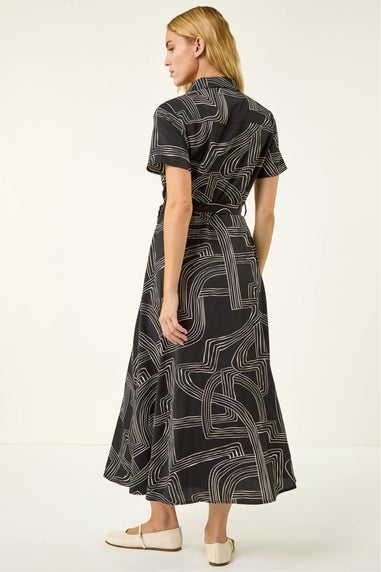 Roman Black Geo Linear Print Shirt Midi Dress