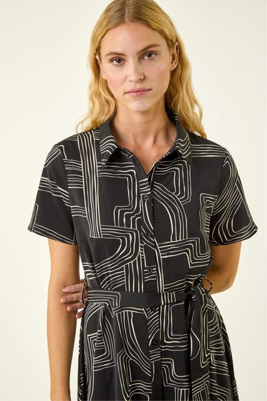 Roman Black Geo Linear Print Shirt Midi Dress