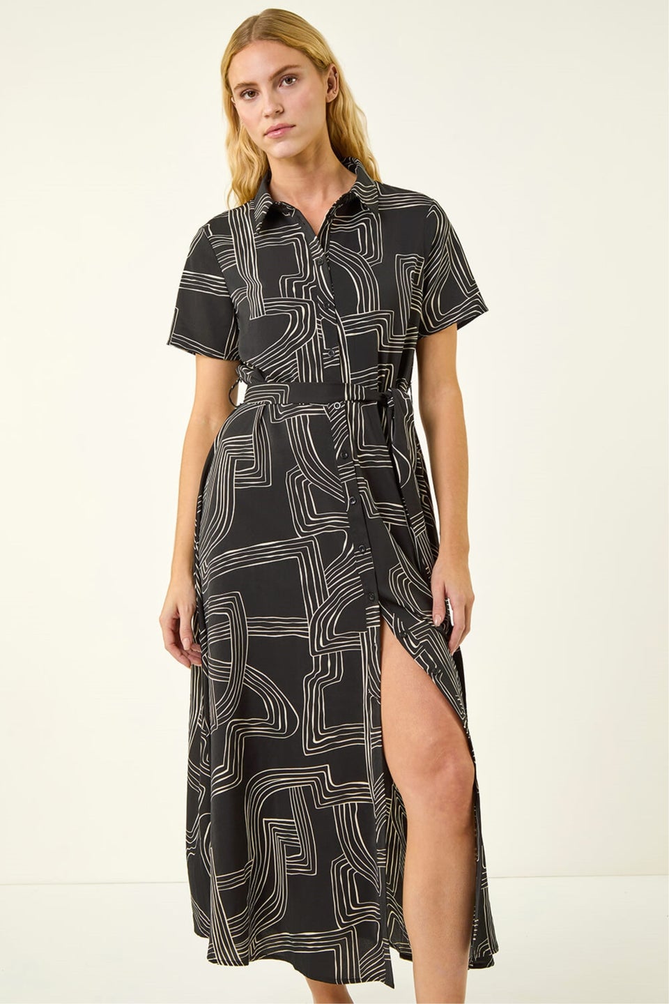 Roman Black Geo Linear Print Shirt Midi Dress