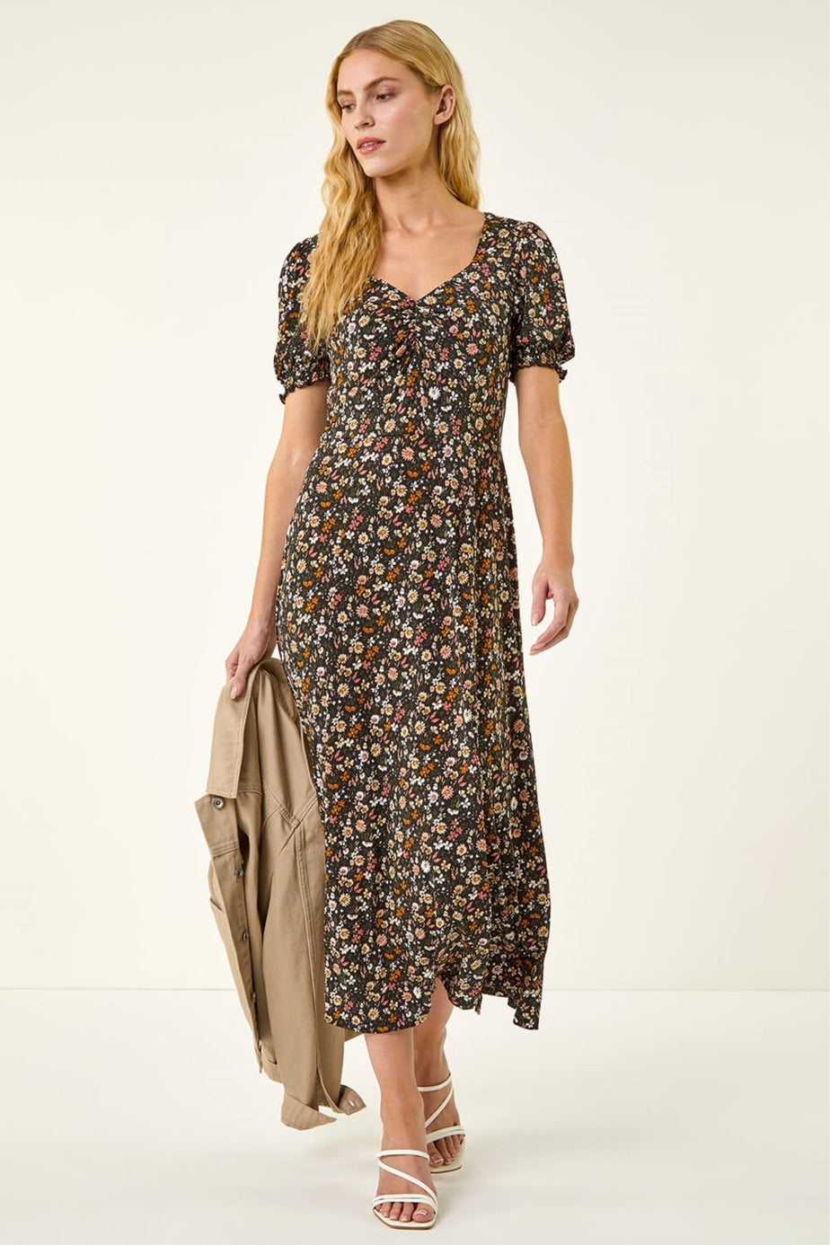 Roman Pink Floral Ruched Midi Dress