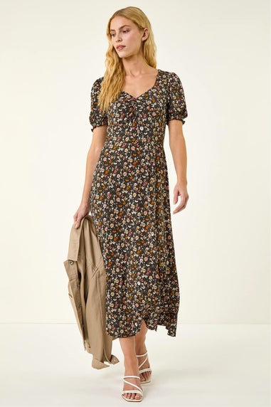 Roman Pink Floral Ruched Midi Dress