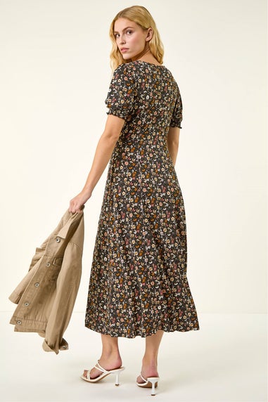 Roman Pink Floral Ruched Midi Dress