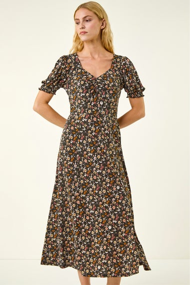 Roman Pink Floral Ruched Midi Dress