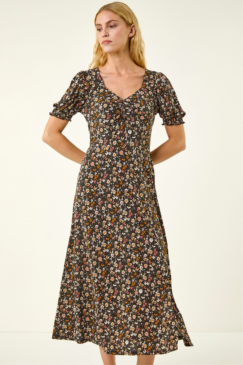 Roman Pink Floral Ruched Midi Dress