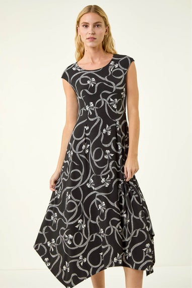 Roman Black Bow Print Hanky Hem Maxi Dress