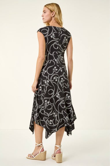 Roman Black Bow Print Hanky Hem Maxi Dress