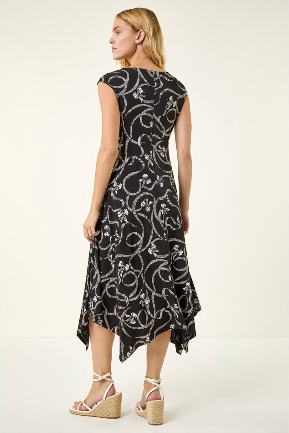 Roman Black Bow Print Hanky Hem Maxi Dress