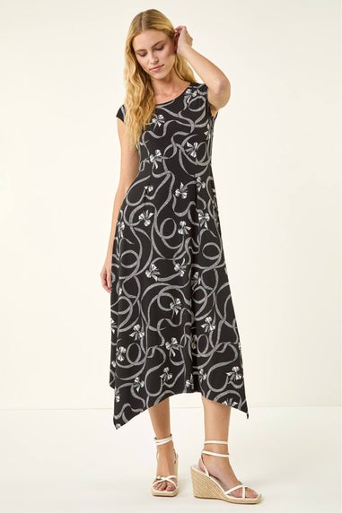 Roman Black Bow Print Hanky Hem Maxi Dress