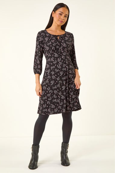 Roman Black Petite Paisley Print Tie Front Dress
