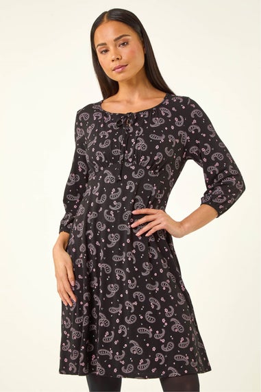 Roman Black Petite Paisley Print Tie Front Dress