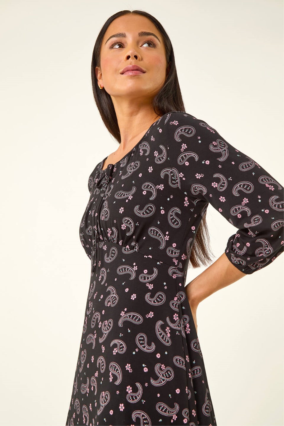 Roman Black Petite Paisley Print Tie Front Dress