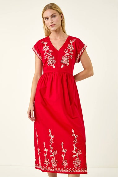Roman Red Embroidered V-Neck Midi Dress