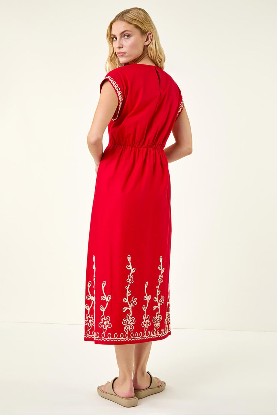 Roman Red Embroidered V-Neck Midi Dress