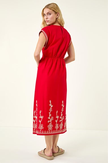 Roman Red Embroidered V-Neck Midi Dress