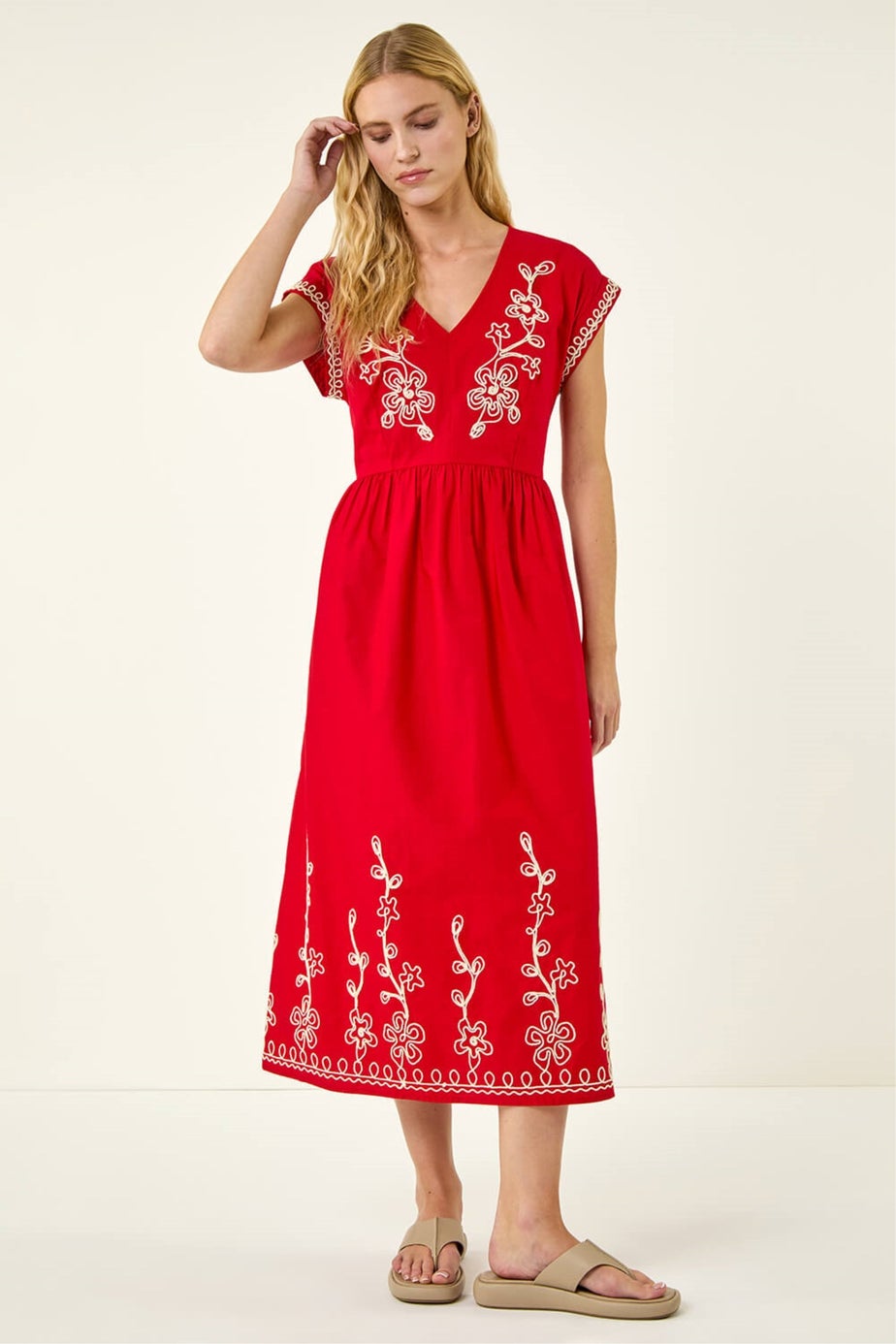 Roman Red Embroidered V-Neck Midi Dress